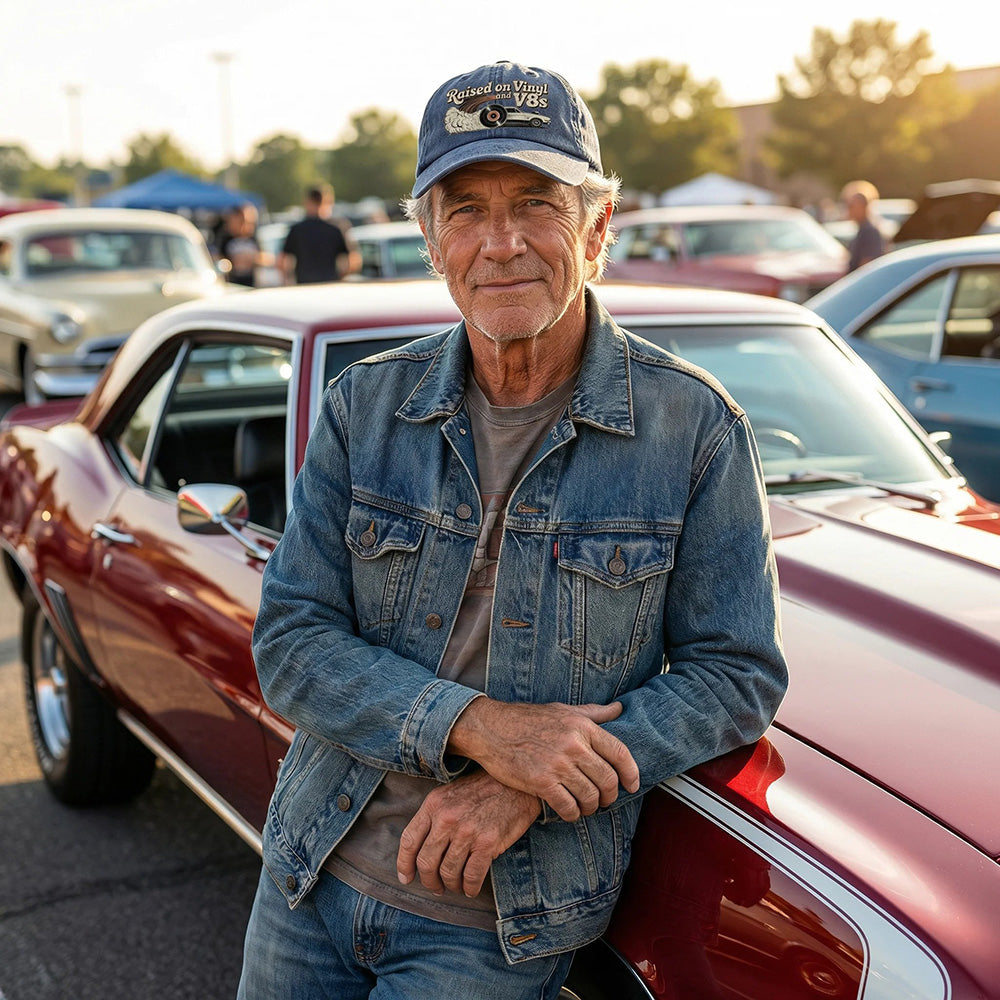 Letzter Tag mit 49 % Rabatt – „Raised on Vinyl and V8s“ – die bestickte Classic Cap für Motor-Enthusiasten.