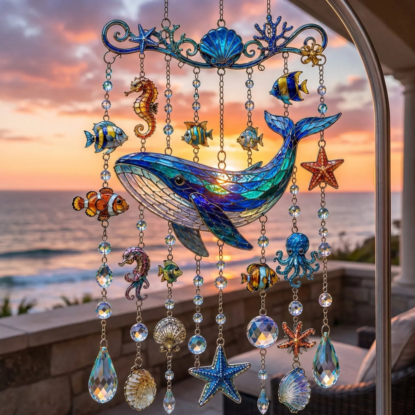 🔥🐋🐢🐬 Kristall-Windspiel im Meeres-Design – 🌊 Hol dir das Meeresleuchten in deinen Garten