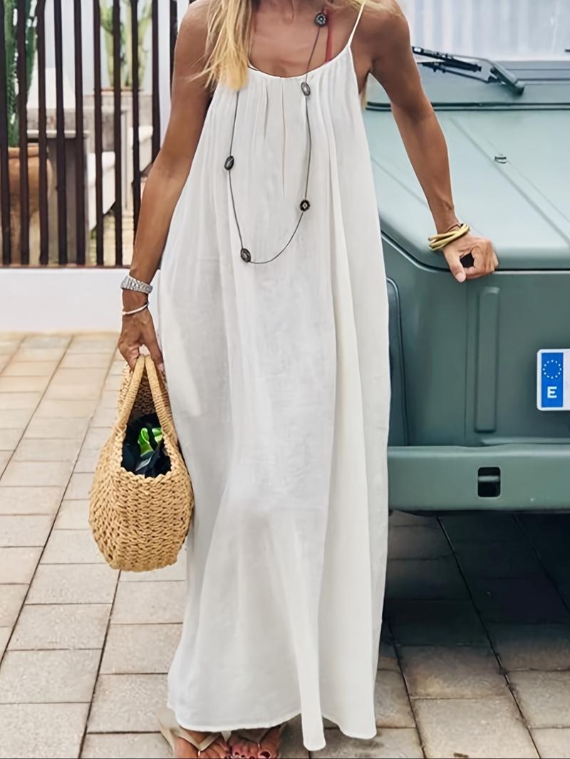 Einfarbiges Lounge-Kleid mit Spaghettiträgern für Damen – elegantes, ärmelloses Maxikleid für den Sommer, Nachtwäsche für zu Hause