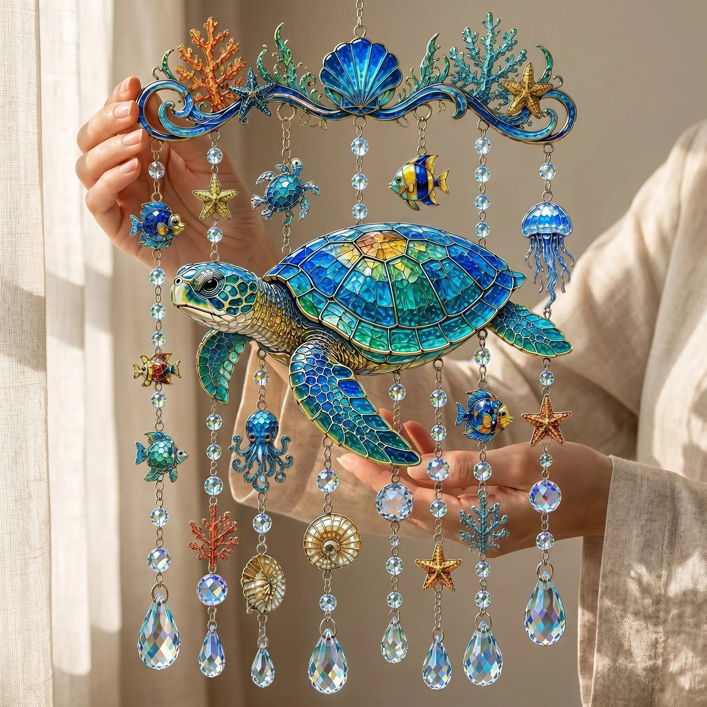 🔥🐋🐢🐬 Kristall-Windspiel im Meeres-Design – 🌊 Hol dir das Meeresleuchten in deinen Garten