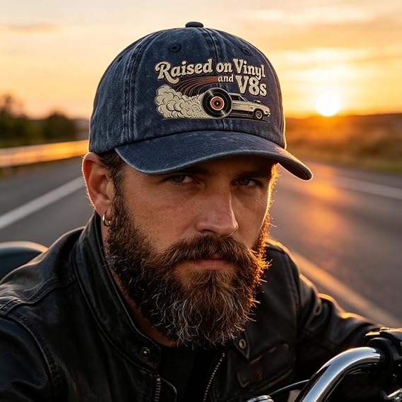 Letzter Tag mit 49 % Rabatt – „Raised on Vinyl and V8s“ – die bestickte Classic Cap für Motor-Enthusiasten.