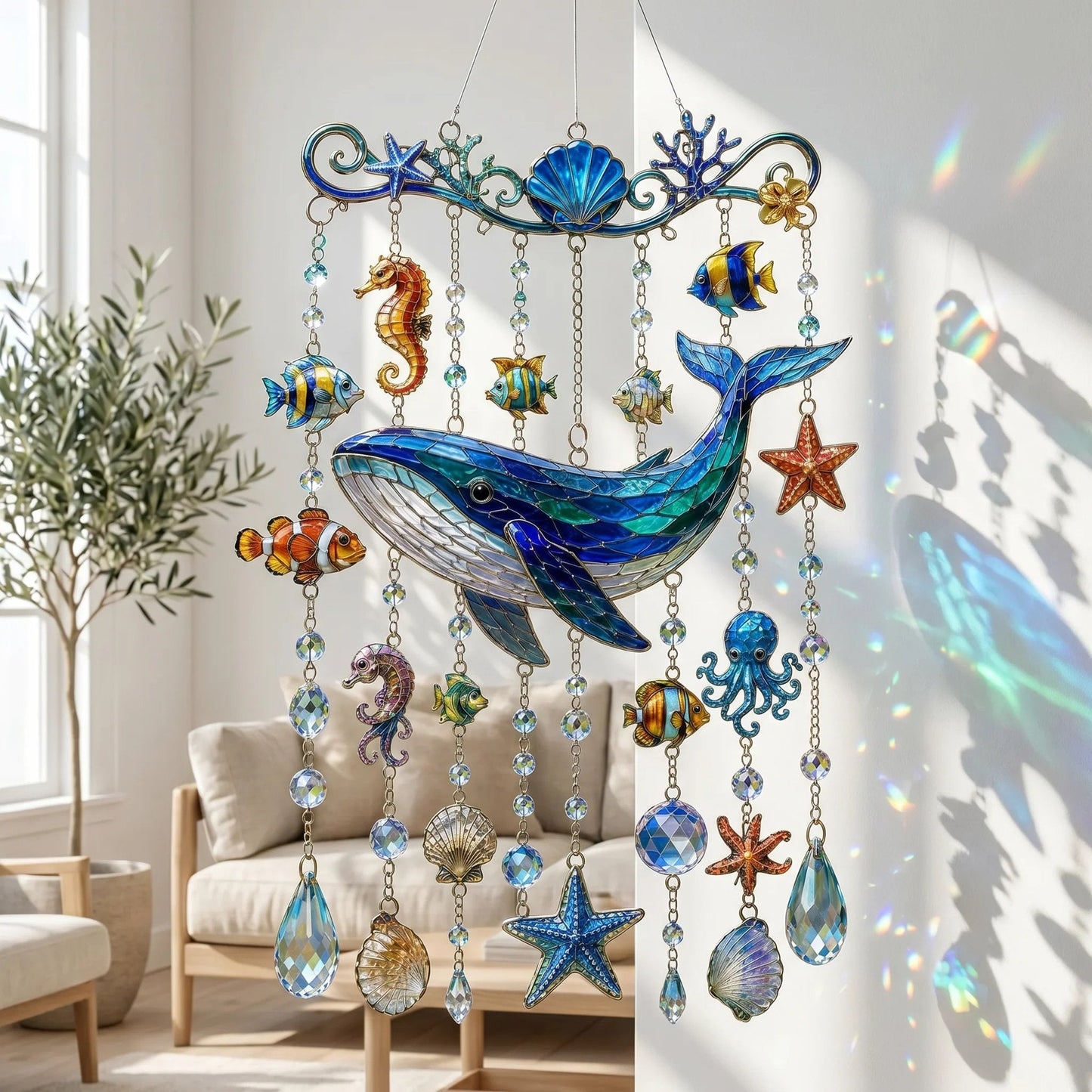 🔥🐋🐢🐬 Kristall-Windspiel im Meeres-Design – 🌊 Hol dir das Meeresleuchten in deinen Garten