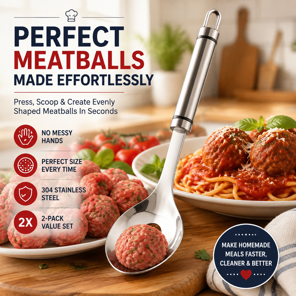 🍝🥄Fleischbällchenlöffel aus Edelstahl – Perfekte Fleischbällchen ohne klebrige Hände