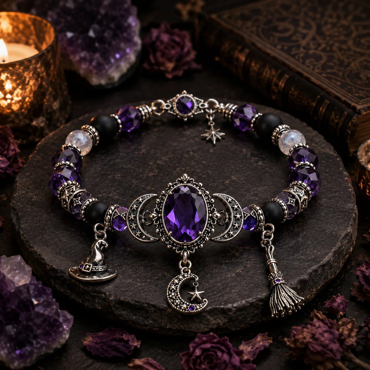 🔮 Armband mit Hexenkristall und Mondanhänger