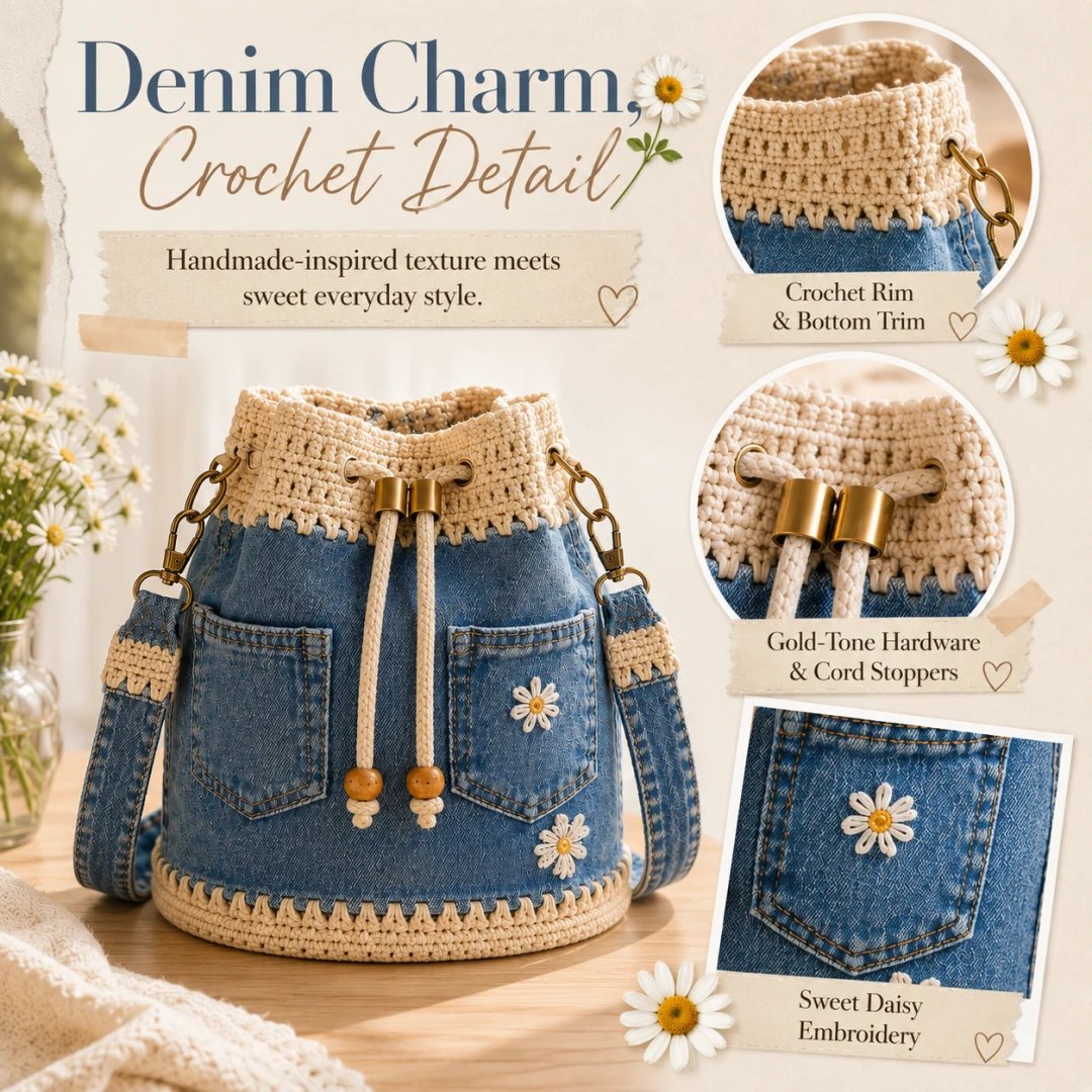 🔥Top-Angebot! 50 % Rabatt!✨👜Handgehäkelte Bucket Bag aus Denim