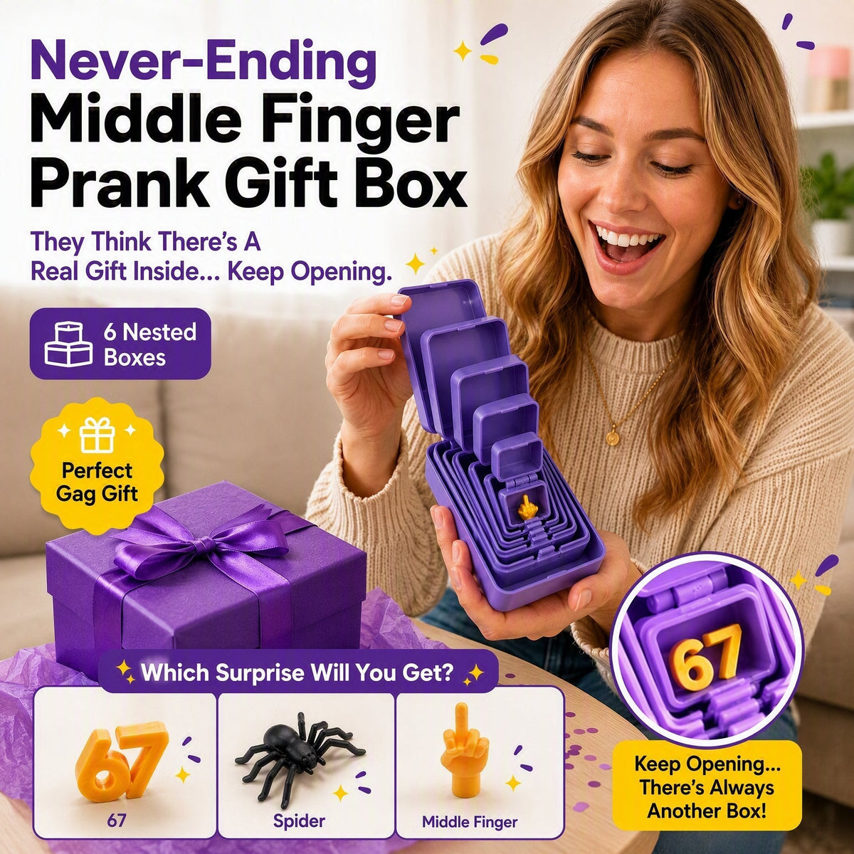 🎁 6-lagige Scherz- und Überraschungs-Geschenkbox | Wähle deine Überraschung: Mittelfinger, Spinne oder die Zahl 67