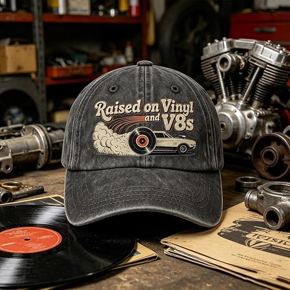 Letzter Tag mit 49 % Rabatt – „Raised on Vinyl and V8s“ – die bestickte Classic Cap für Motor-Enthusiasten.