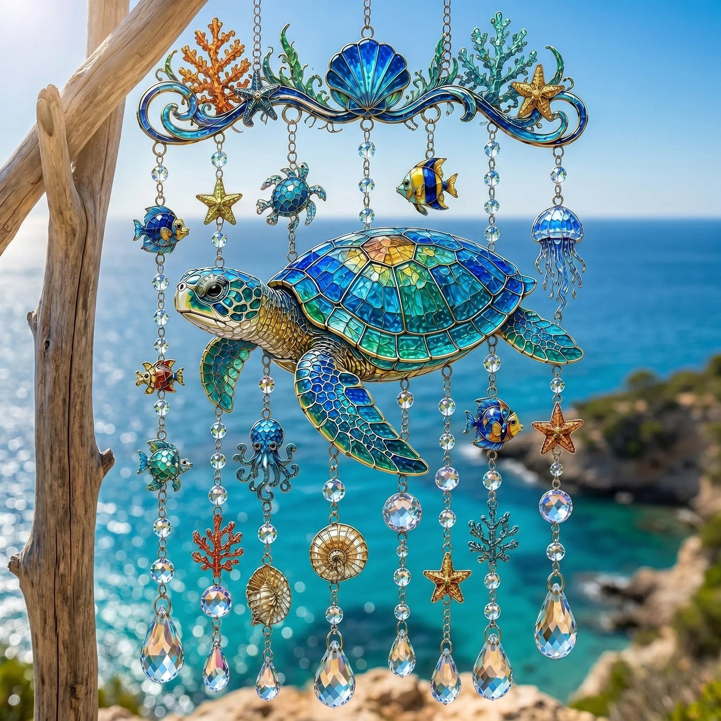 🔥🐋🐢🐬 Kristall-Windspiel im Meeres-Design – 🌊 Hol dir das Meeresleuchten in deinen Garten