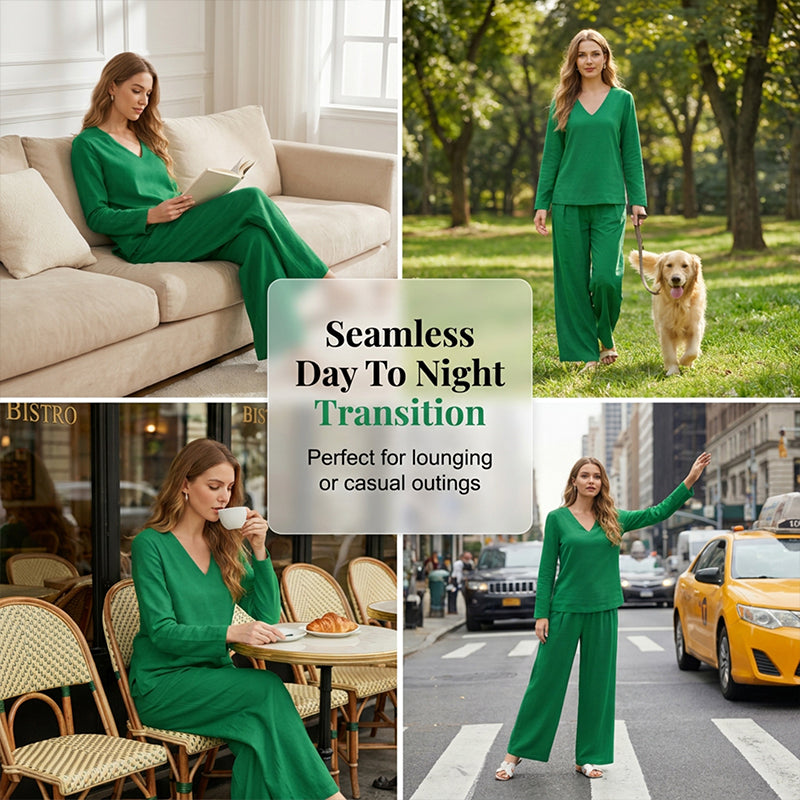 ✨ NEU! Damen-Loungewear-Set mit V-Ausschnitt und weitem Bein