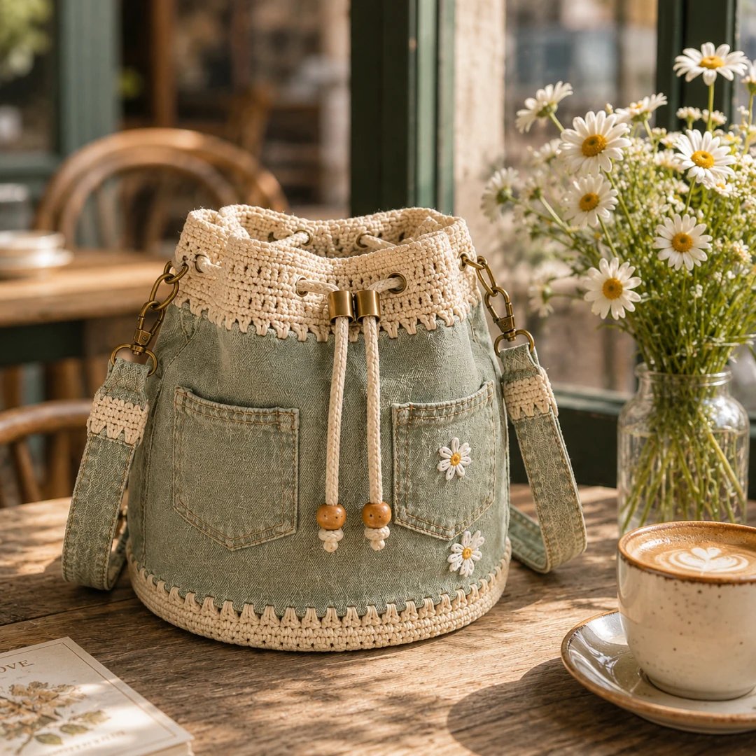 🔥Top-Angebot! 50 % Rabatt!✨👜Handgehäkelte Bucket Bag aus Denim