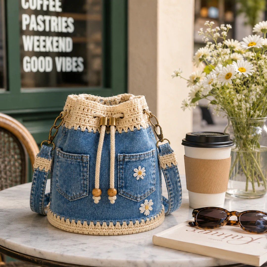 🔥Top-Angebot! 50 % Rabatt!✨👜Handgehäkelte Bucket Bag aus Denim