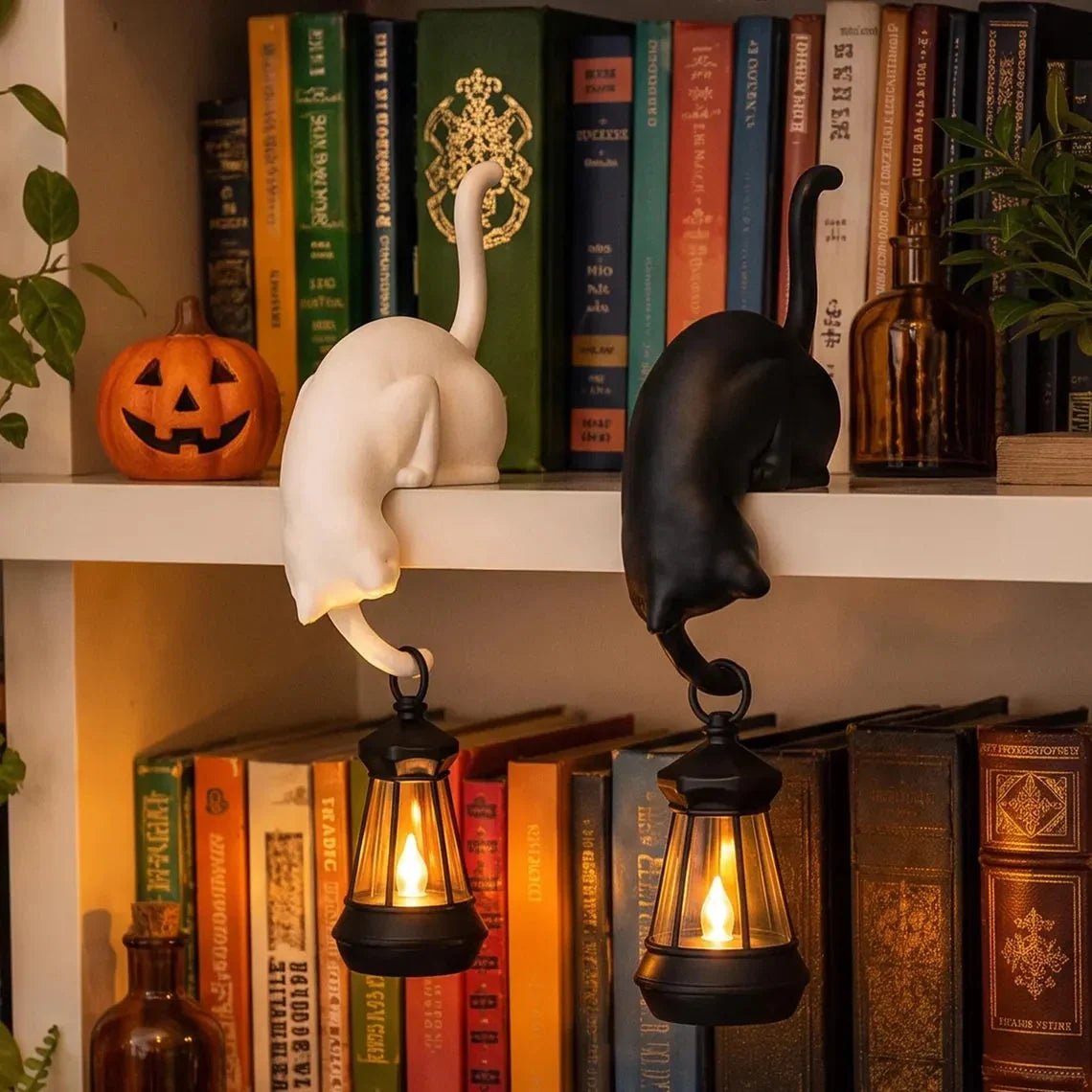 🐈‍Niedliche Katzenfigur mit LED-Beleuchtung fürs Bücherregal – Hübsche Dekoration fürs Bücherregal und praktischer Schlüsselhaken
