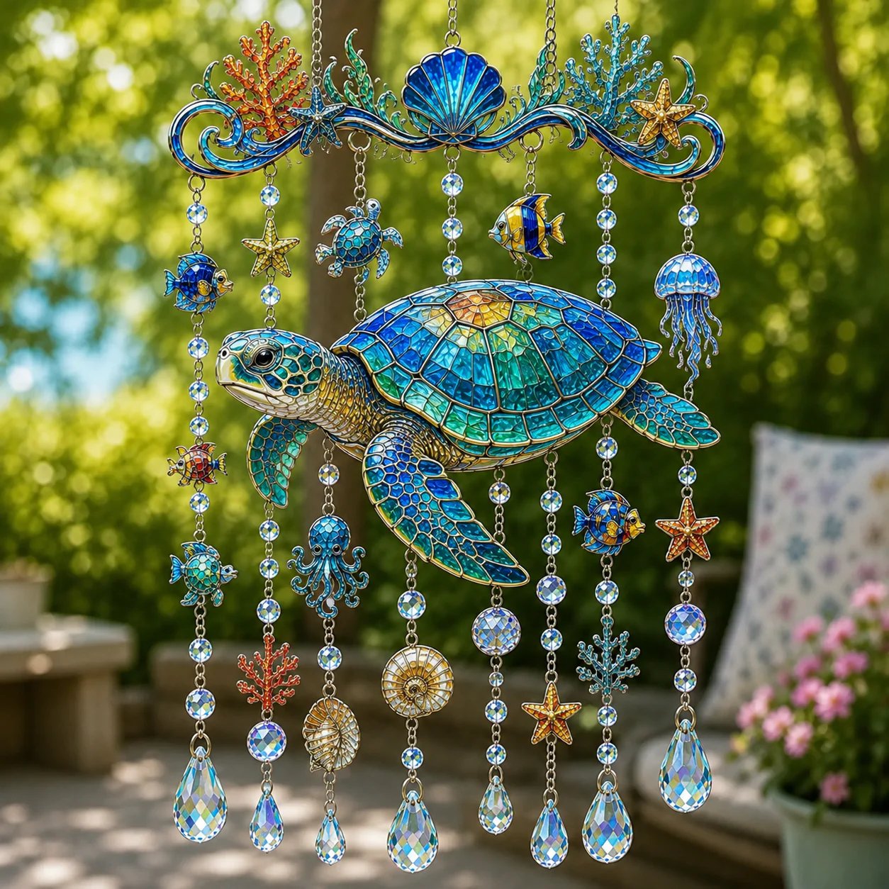 🔥🐋🐢🐬 Kristall-Windspiel im Meeres-Design – 🌊 Hol dir das Meeresleuchten in deinen Garten