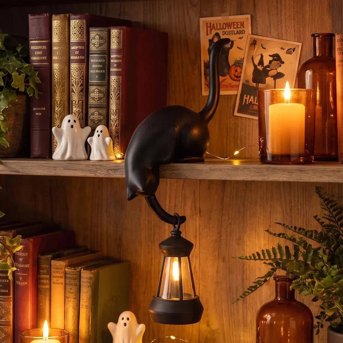 🐈‍Niedliche Katzenfigur mit LED-Beleuchtung fürs Bücherregal – Hübsche Dekoration fürs Bücherregal und praktischer Schlüsselhaken