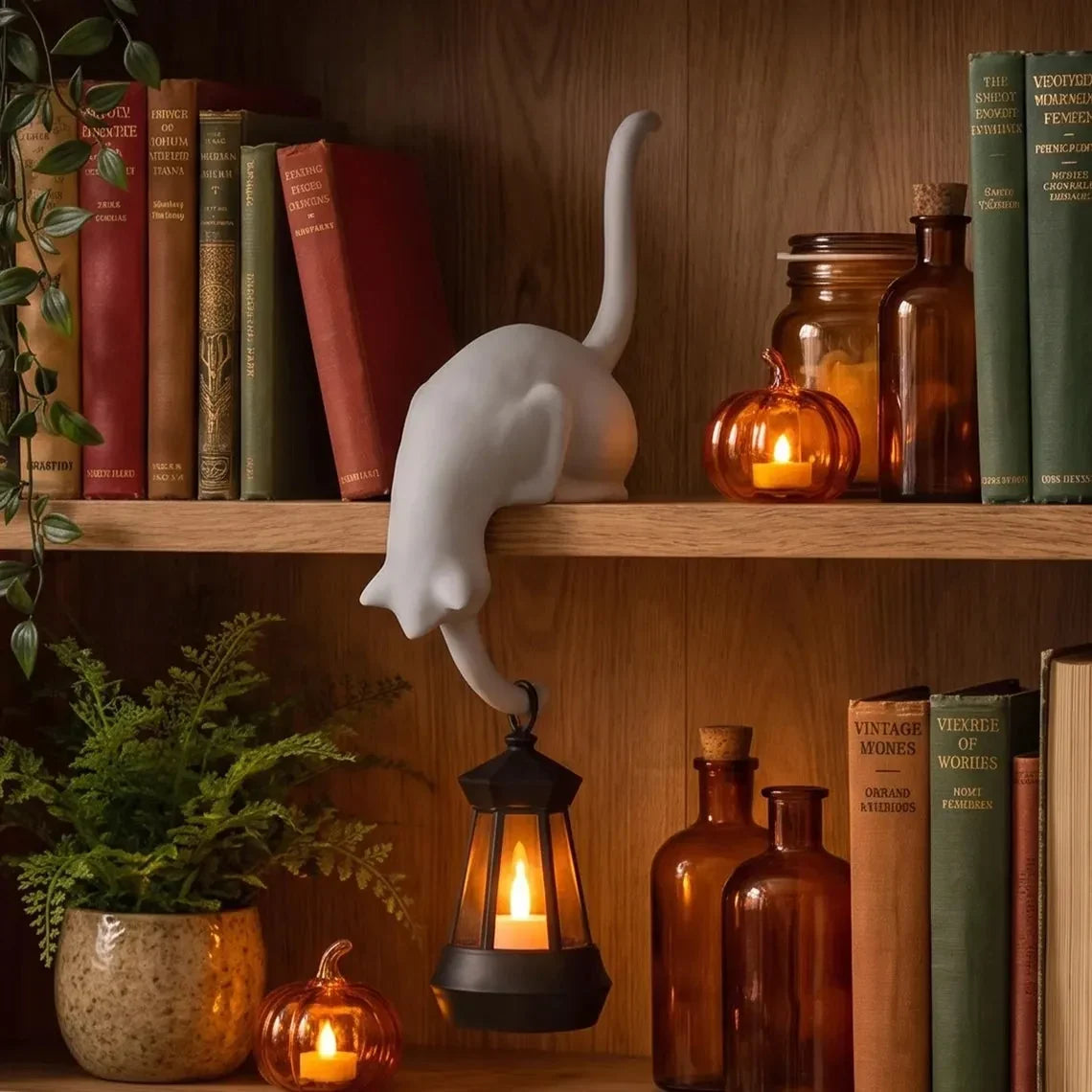 🐈‍Niedliche Katzenfigur mit LED-Beleuchtung fürs Bücherregal – Hübsche Dekoration fürs Bücherregal und praktischer Schlüsselhaken