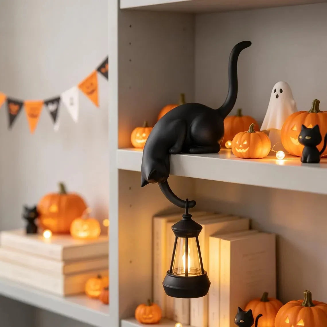 🐈‍Niedliche Katzenfigur mit LED-Beleuchtung fürs Bücherregal – Hübsche Dekoration fürs Bücherregal und praktischer Schlüsselhaken
