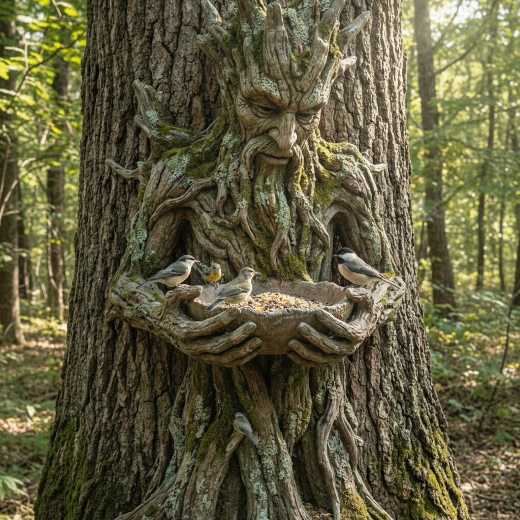 🌳 Das stille Angebot – Eine in einen Baum integrierte Vogelfutter-Skulptur