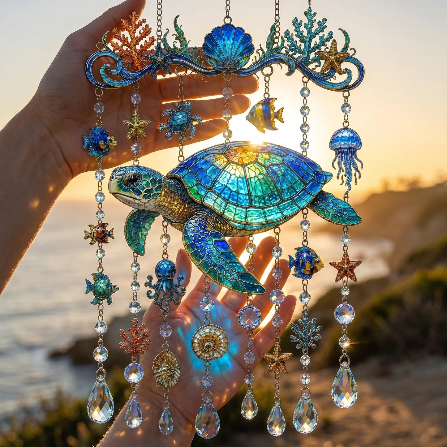 🔥🐋🐢🐬 Kristall-Windspiel im Meeres-Design – 🌊 Hol dir das Meeresleuchten in deinen Garten