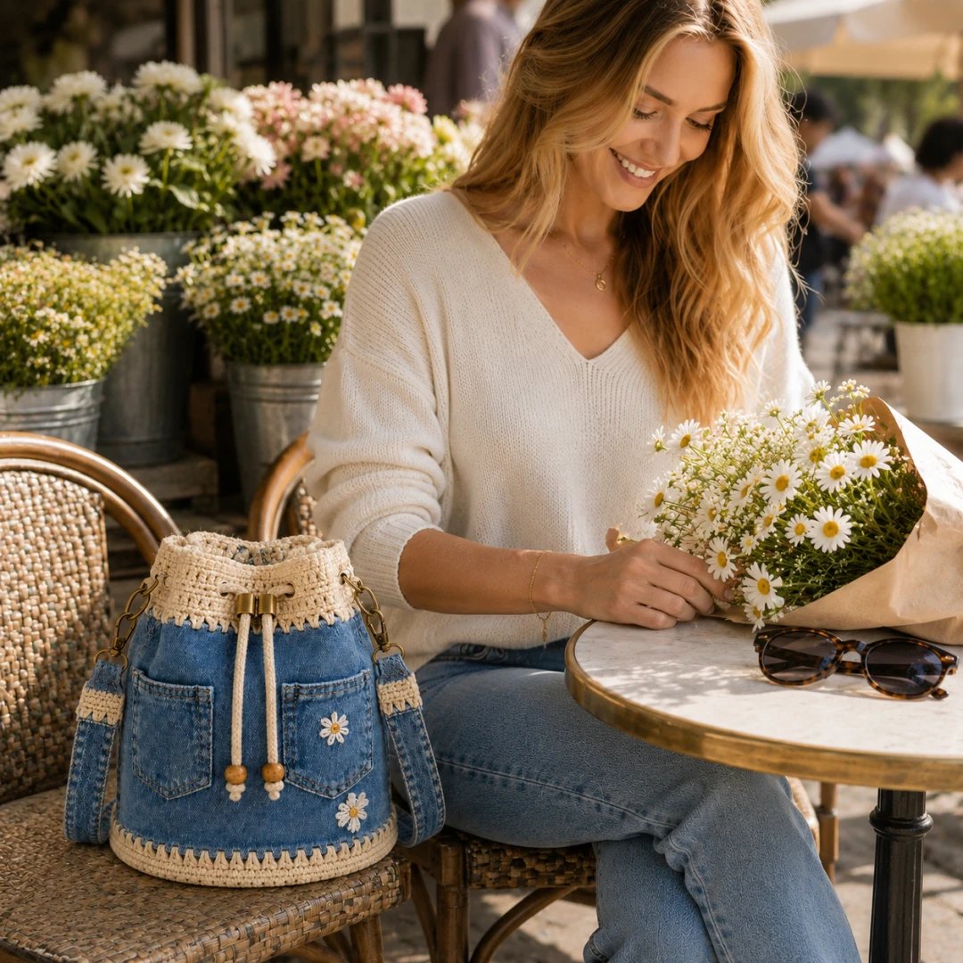 🔥Top-Angebot! 50 % Rabatt!✨👜Handgehäkelte Bucket Bag aus Denim