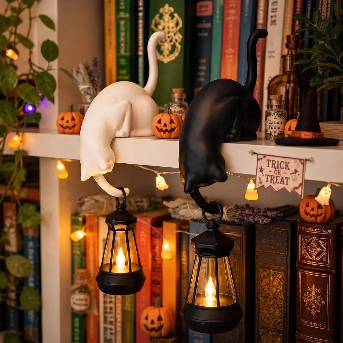🐈‍Niedliche Katzenfigur mit LED-Beleuchtung fürs Bücherregal – Hübsche Dekoration fürs Bücherregal und praktischer Schlüsselhaken