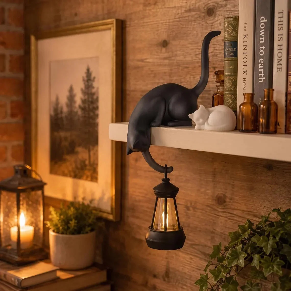 🐈‍Niedliche Katzenfigur mit LED-Beleuchtung fürs Bücherregal – Hübsche Dekoration fürs Bücherregal und praktischer Schlüsselhaken