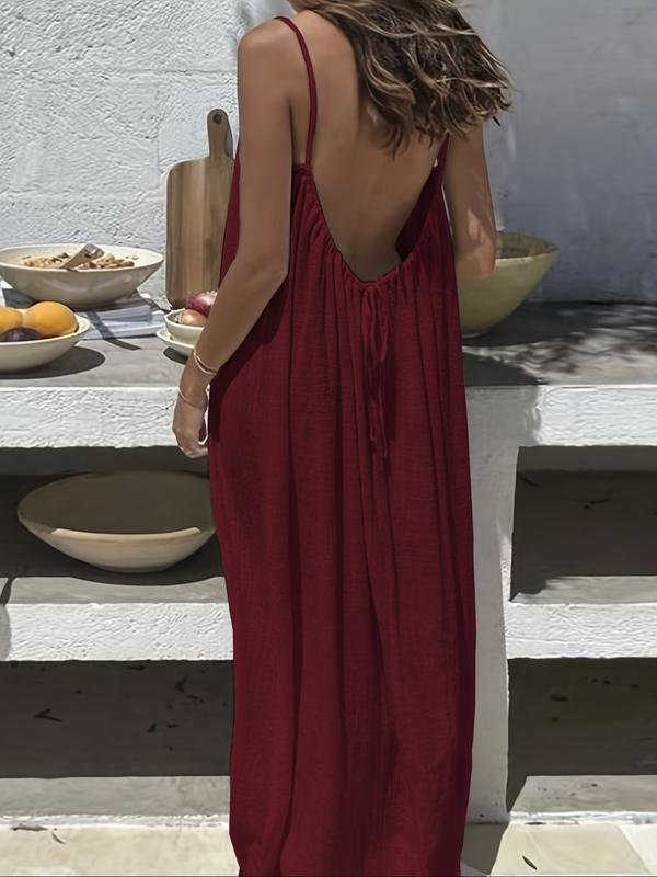 Einfarbiges Lounge-Kleid mit Spaghettiträgern für Damen – elegantes, ärmelloses Maxikleid für den Sommer, Nachtwäsche für zu Hause