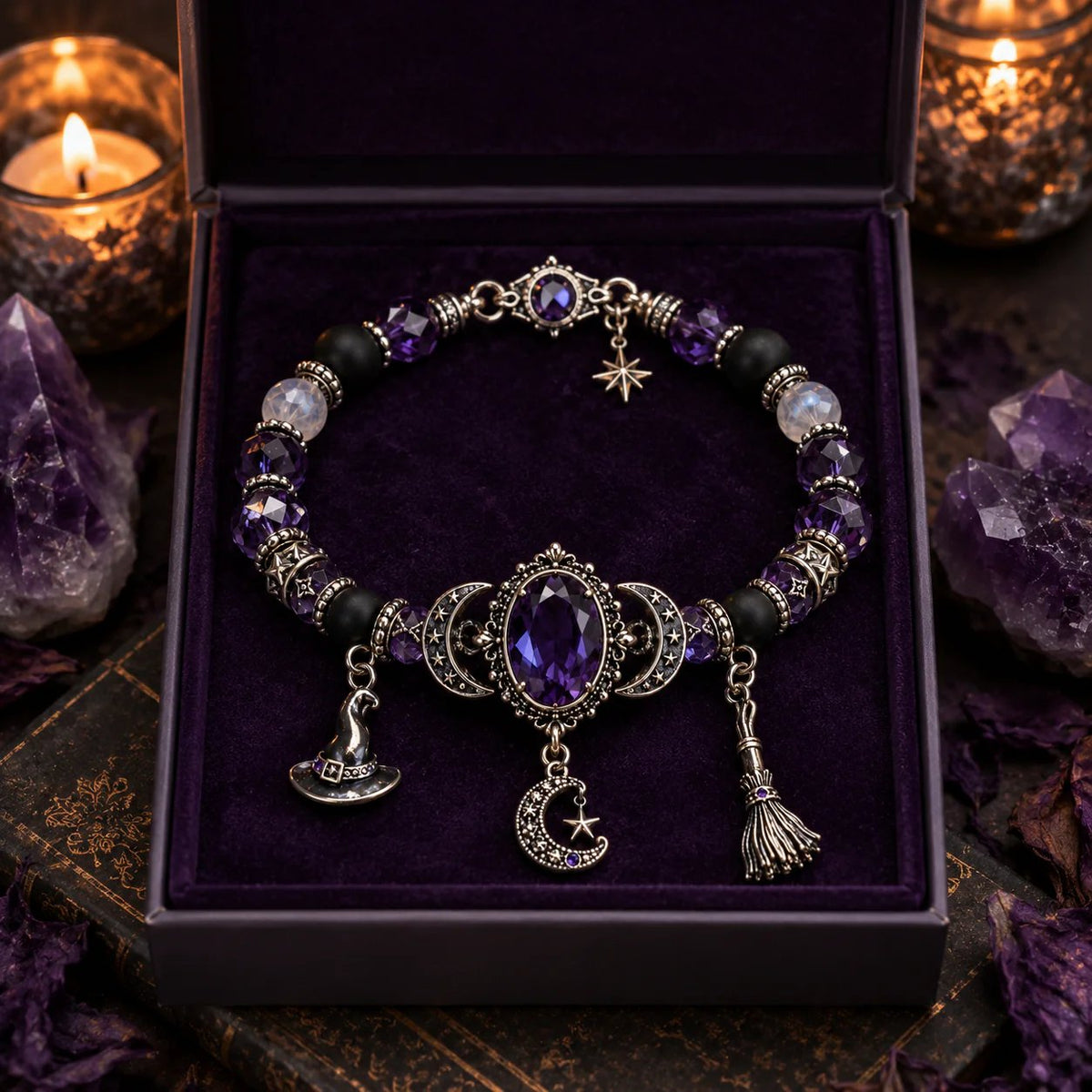 🔮 Armband mit Hexenkristall und Mondanhänger