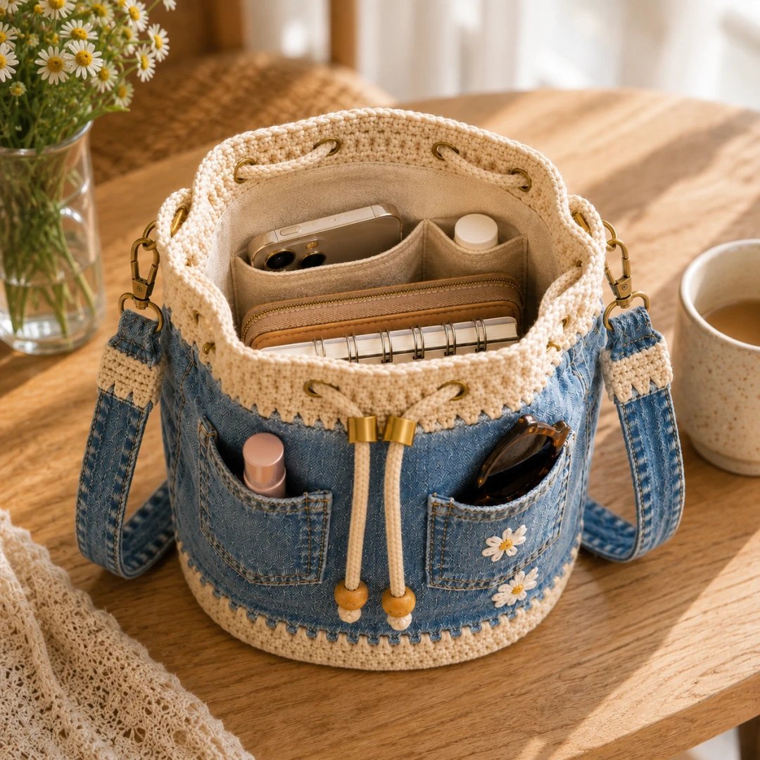🔥Top-Angebot! 50 % Rabatt!✨👜Handgehäkelte Bucket Bag aus Denim