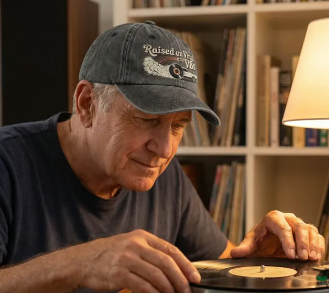 Letzter Tag mit 49 % Rabatt – „Raised on Vinyl and V8s“ – die bestickte Classic Cap für Motor-Enthusiasten.