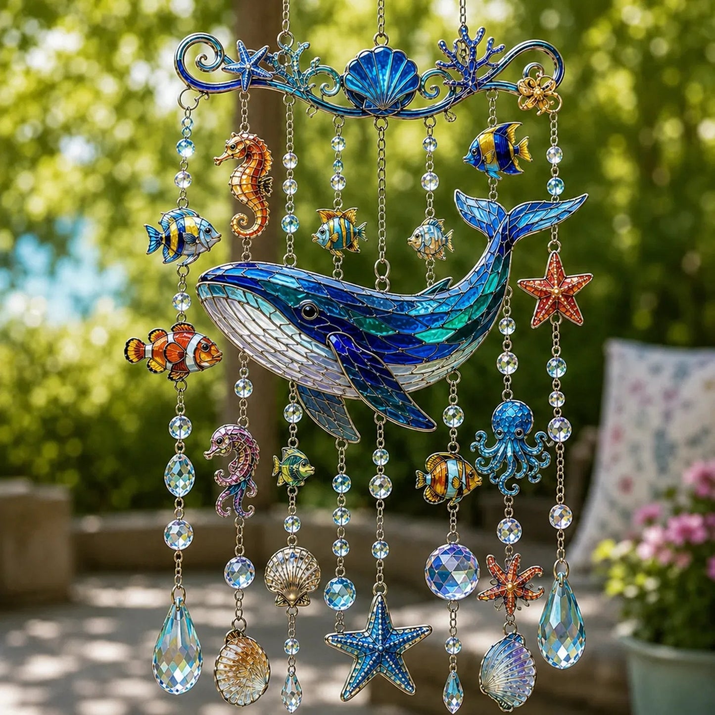🔥🐋🐢🐬 Kristall-Windspiel im Meeres-Design – 🌊 Hol dir das Meeresleuchten in deinen Garten