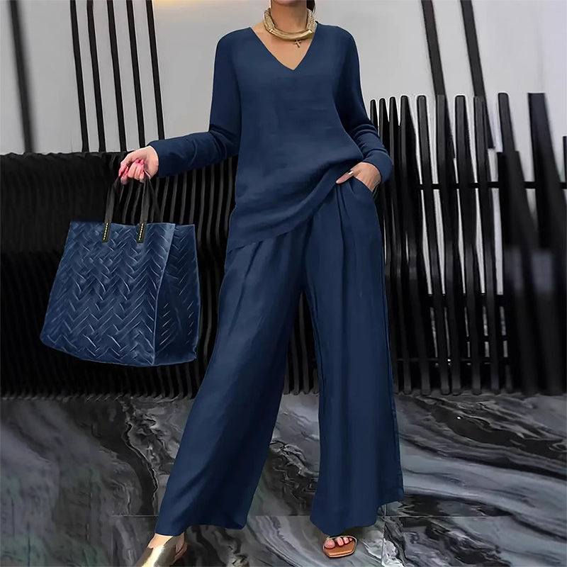✨ NEU! Damen-Loungewear-Set mit V-Ausschnitt und weitem Bein