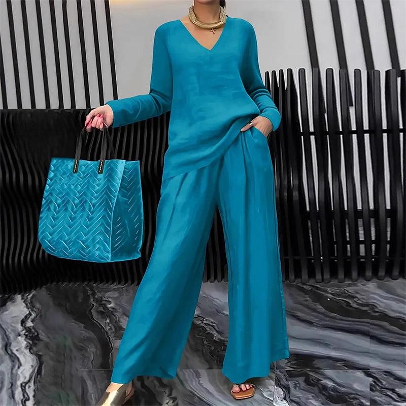 ✨ NEU! Damen-Loungewear-Set mit V-Ausschnitt und weitem Bein